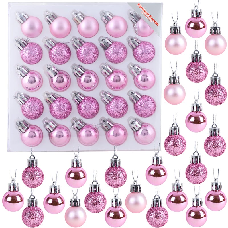 Christmas ConceptsÂ® Pack of 25-25mm Mini Christmas Tree Baubles - Shiny, Matte & Glitter Decorated Ornaments (Baby Pink) - Image 1